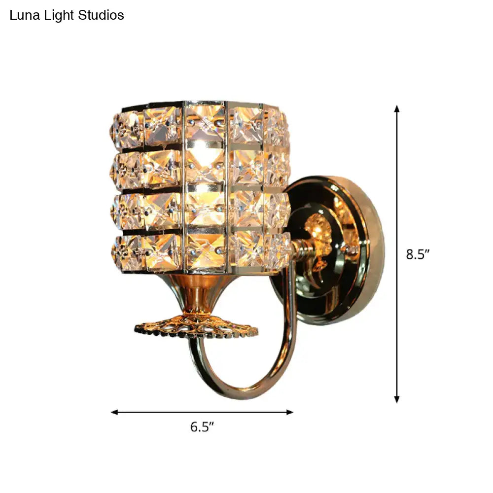Modern gold butterfly crystal wall light fixture with tiered faceted glass panels and decorative curved arm for living room