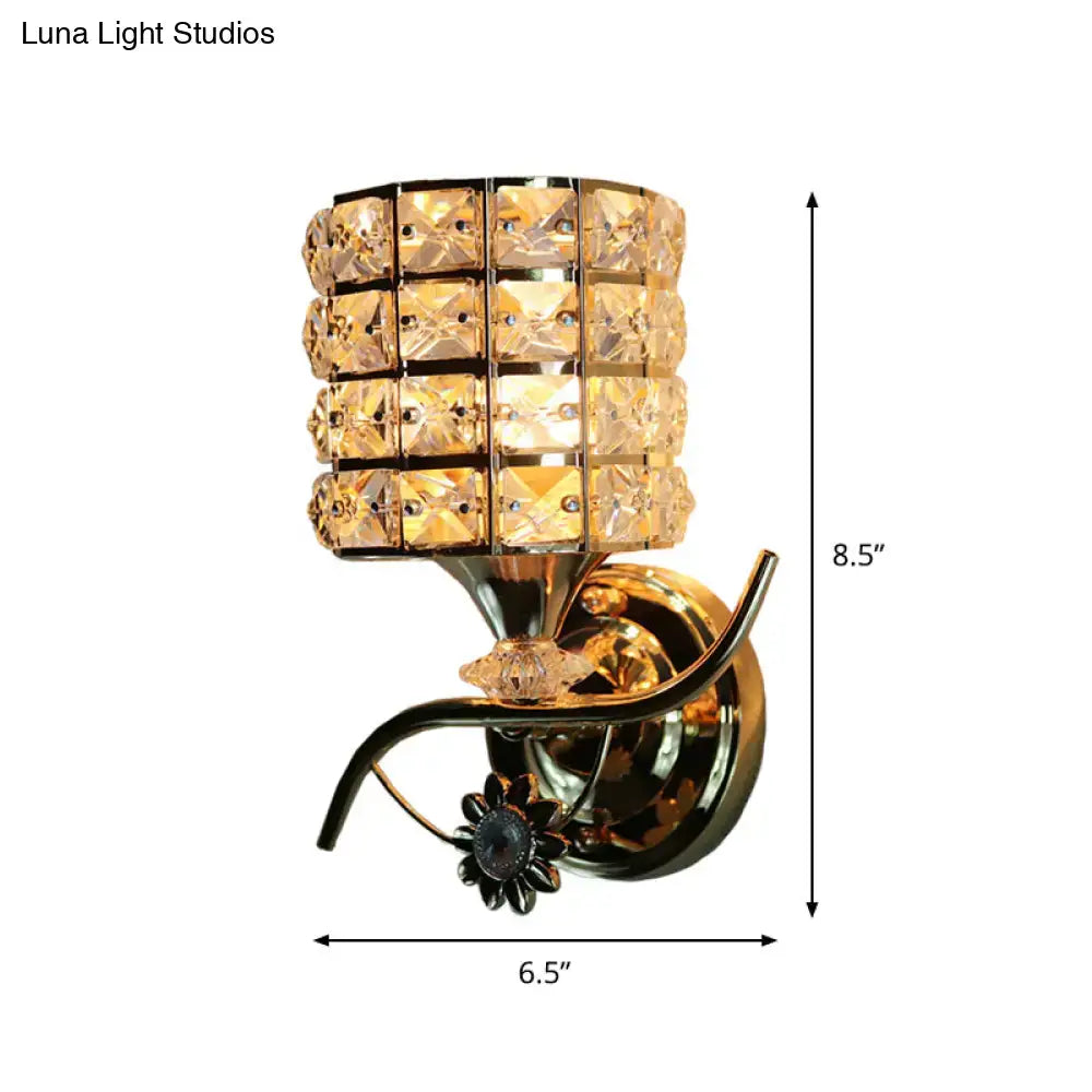 Modern gold butterfly crystal wall light fixture with gold-toned tiered crystal shade and decorative floral accent wall light