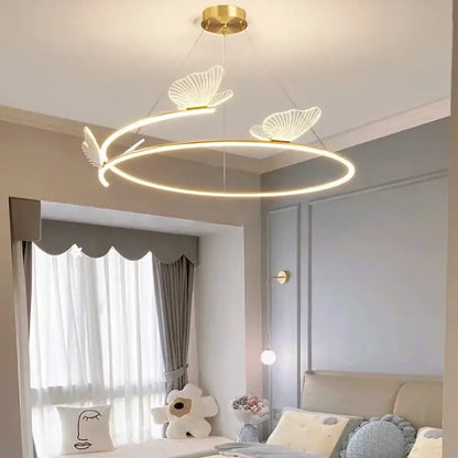 Modern gold ceiling chandelier with circular led frame and three illuminated decorbites butterfly design accents