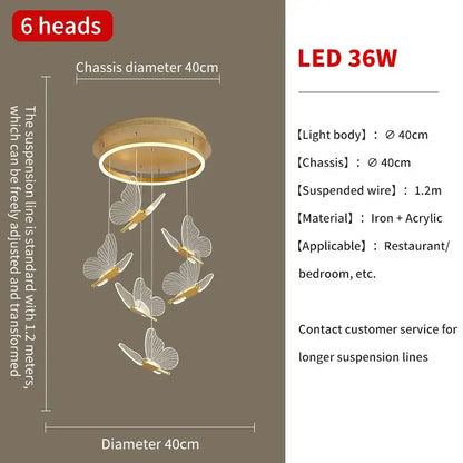 Modern gold butterfly led chandelier with six translucent acrylic wings and iron frame by decorbites butterfly led