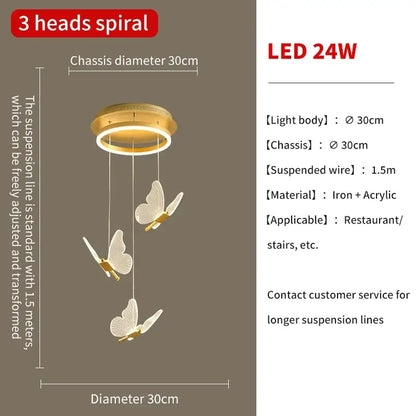 Modern gold butterfly led chandelier with gold-toned spiral and three iron acrylic decorbites butterfly led fixtures