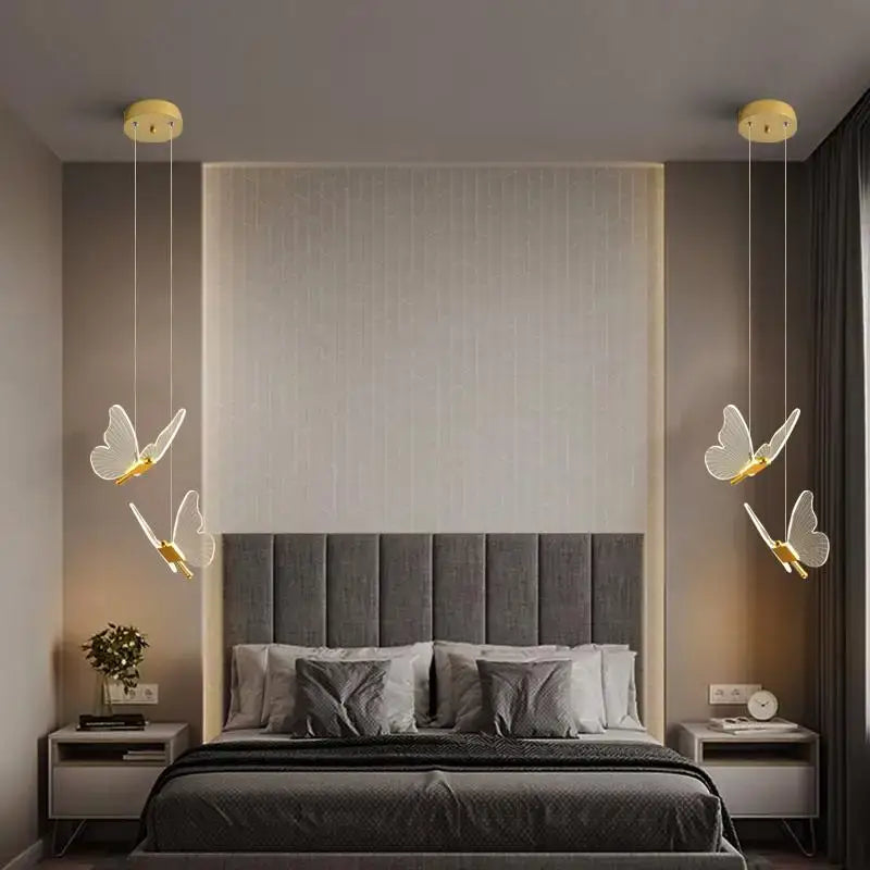 Modern gold butterfly led hanging lamp with translucent wings and gold accents for bedroom decorbites butterfly led decor