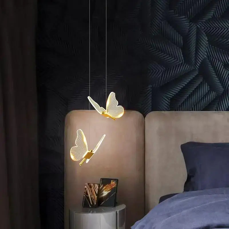 Modern gold butterfly led hanging lamp with translucent wings for bedroom decorbites butterfly led lighting