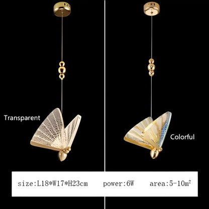 Modern gold butterfly pendant lamps with iridescent wings and sleek metallic finish for bedroom LED lighting fixtures
