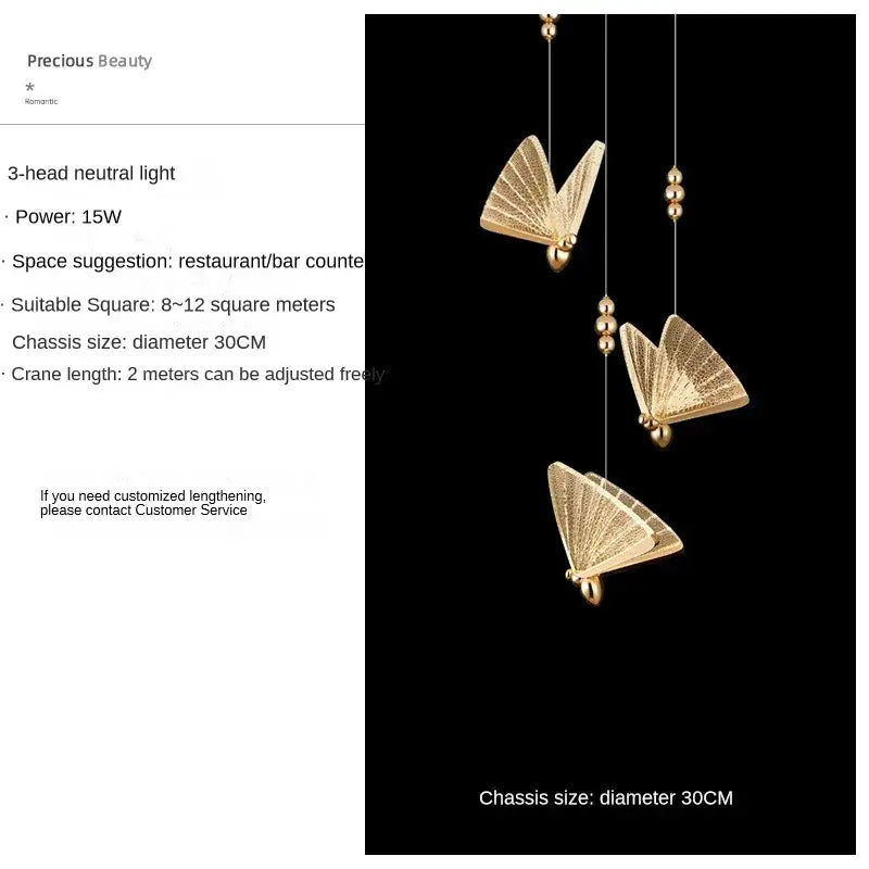 Gold-colored decorbites butterfly pendant lights with intricate detailing suspended by thin wires for luxury bedroom decor