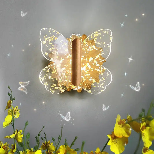 Modern gold butterfly wall lamp with translucent wings embedded with shimmering gold flakes for elegant decorbites butterfly wall lighting