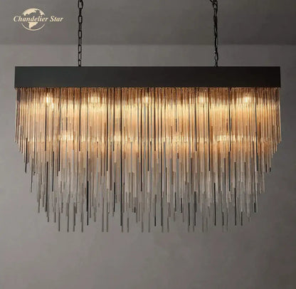 Modern gold cascada rectangular led chandelier with black frame and cascading golden glass rods for dining room decorbites cascada rectangular