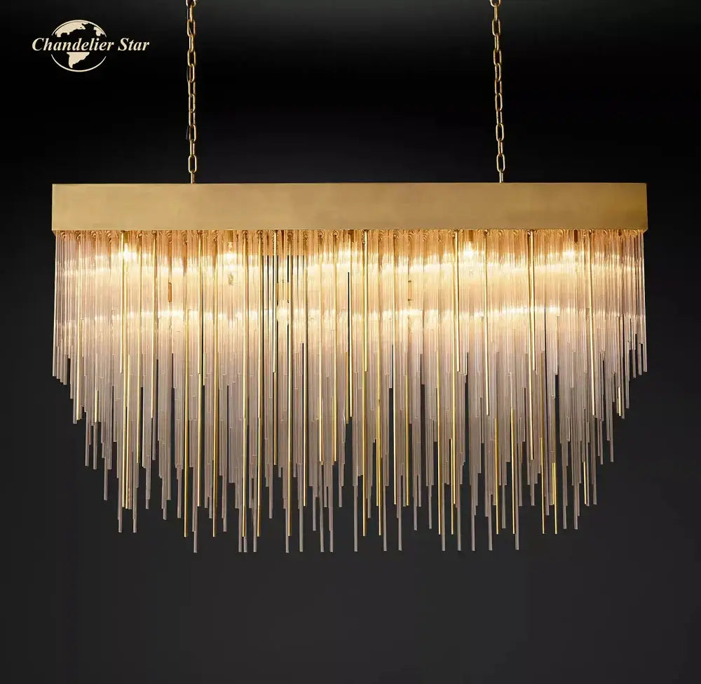Modern gold cascada rectangular led chandelier with cascading glass rods for elegant dining room decorbites cascada rectangular