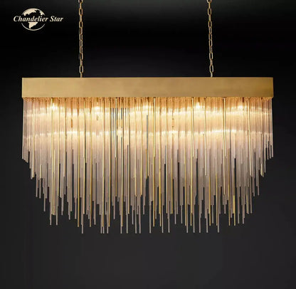 Modern gold cascada rectangular led chandelier with cascading glass rods for elegant dining room decorbites cascada rectangular