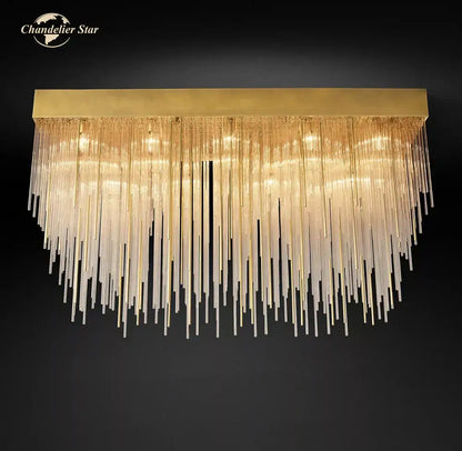Modern gold cascada rectangular led chandelier with cascading glass prisms for dining room decorbites cascada rectangular