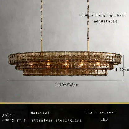 Modern gold cascading crystal pendant lights with smoky grey brown glass pendant and stainless steel decorbites brown glass design