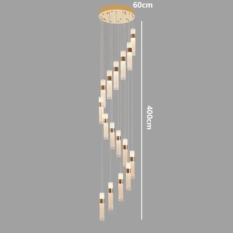 Modern gold cascading pendant light with clear glass tubes and adjustable height for dining room in modern design