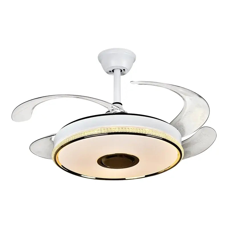 Modern white ceiling fan with integrated led lighting and sleek curved blades featuring remote control for living room use
