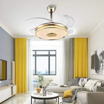 Modern ceiling fan with remote control featuring a sleek gold finish, transparent acrylic blades, and integrated lighting