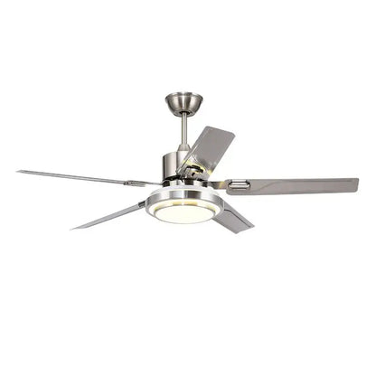 Modern ceiling fan with five stainless steel blades and led light in brushed nickel finish for bedroom use