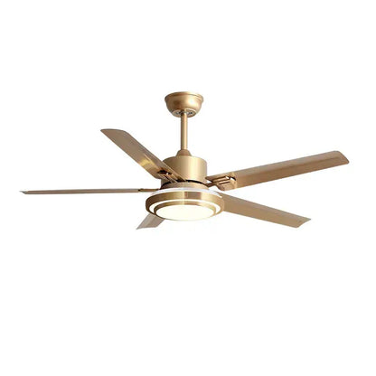 Modern gold ceiling fan with stainless steel blades and integrated led light designed for bedroom use