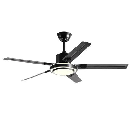 Black matte ceiling fan with five sleek stainless steel blades and integrated led light for modern bedroom use