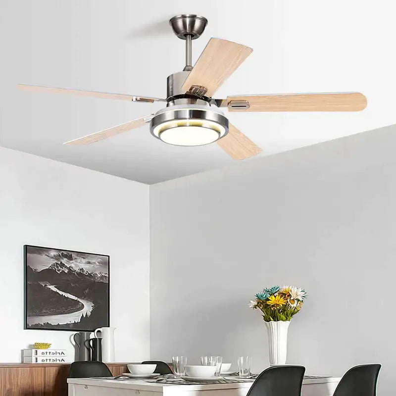 Modern gold ceiling fan with led light and stainless steel blades featuring five light wood blades and a circular led light