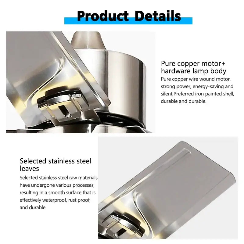 Modern gold ceiling fan with led light featuring a stainless steel blade and polished stainless steel lamp body