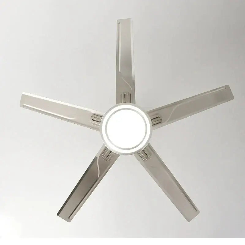 Modern silver ceiling fan with five stainless steel blades and central led light for bedroom use