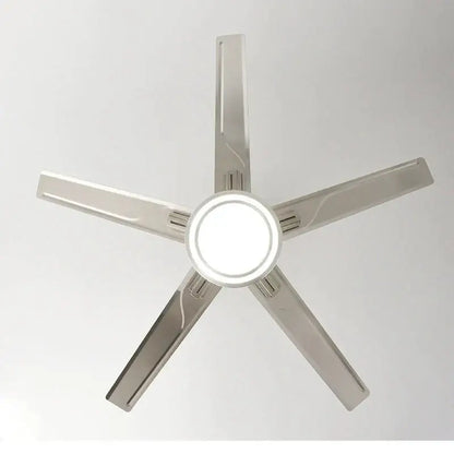 Modern silver ceiling fan with five stainless steel blades and central led light for bedroom use