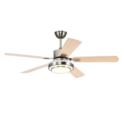 Modern ceiling fan with five light-colored wooden blades and integrated led light in brushed nickel finish for bedroom use
