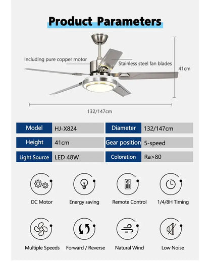 Modern gold ceiling fan with stainless steel blades and central led light designed for bedroom use