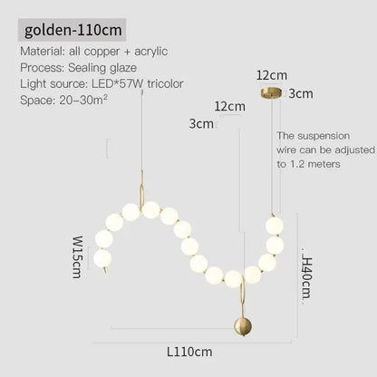 Golden 110cm modern chandelier light with spherical acrylic bulbs and adjustable copper wiring suspension for living room