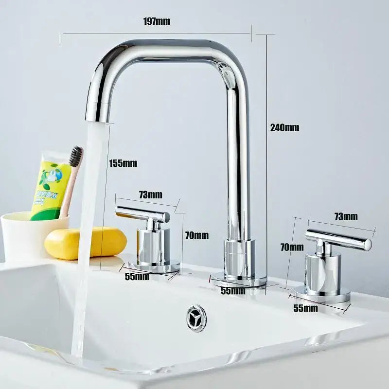 Modern gold and chrome brass basin faucet with a sleek curved spout and two cylindrical handles for kitchen sink decorbites brass basin faucet