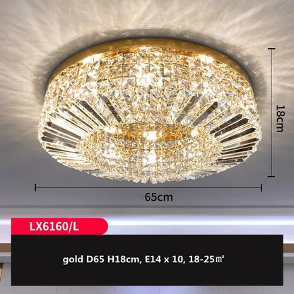 Modern gold and chrome crystal led ceiling lights featuring a gold-finished circular chandelier with faceted glass tiers