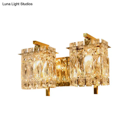 Modern gold and chrome wall light fixture with asymmetrical faceted crystal prisms and e12 e14 bulb base for living room
