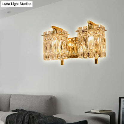 Modern gold and chrome wall light featuring faceted crystal elements and compatible with e12 e14 bulb base fixture width