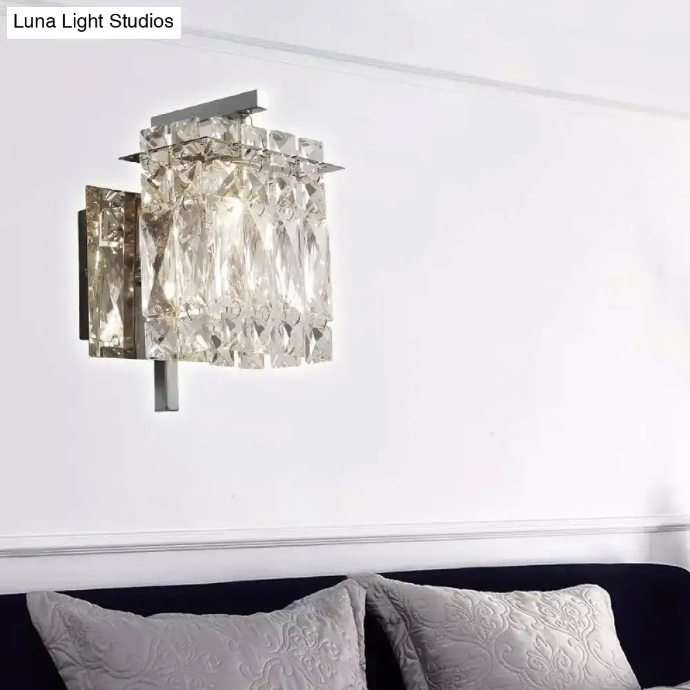 Modern gold and chrome wall light fixture with sleek chrome frame, crystal panels, and e12 e14 bulb base for living room