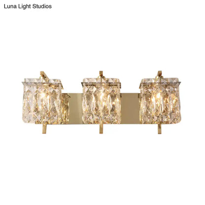 Modern gold and chrome wall light fixture with three rectangular crystal shades featuring e12 e14 bulbs and warm illumination