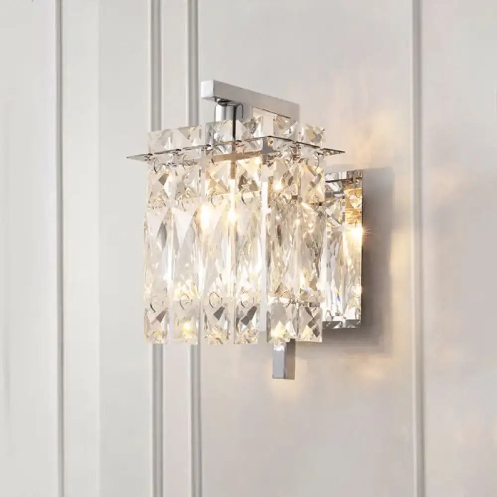 Modern gold and chrome wall light with clear crystal prisms featuring e12 e14 fixture width for living room use