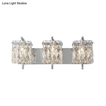 Modern gold and chrome crystal wall light with three faceted rectangular shades and e12 e14 fixture width