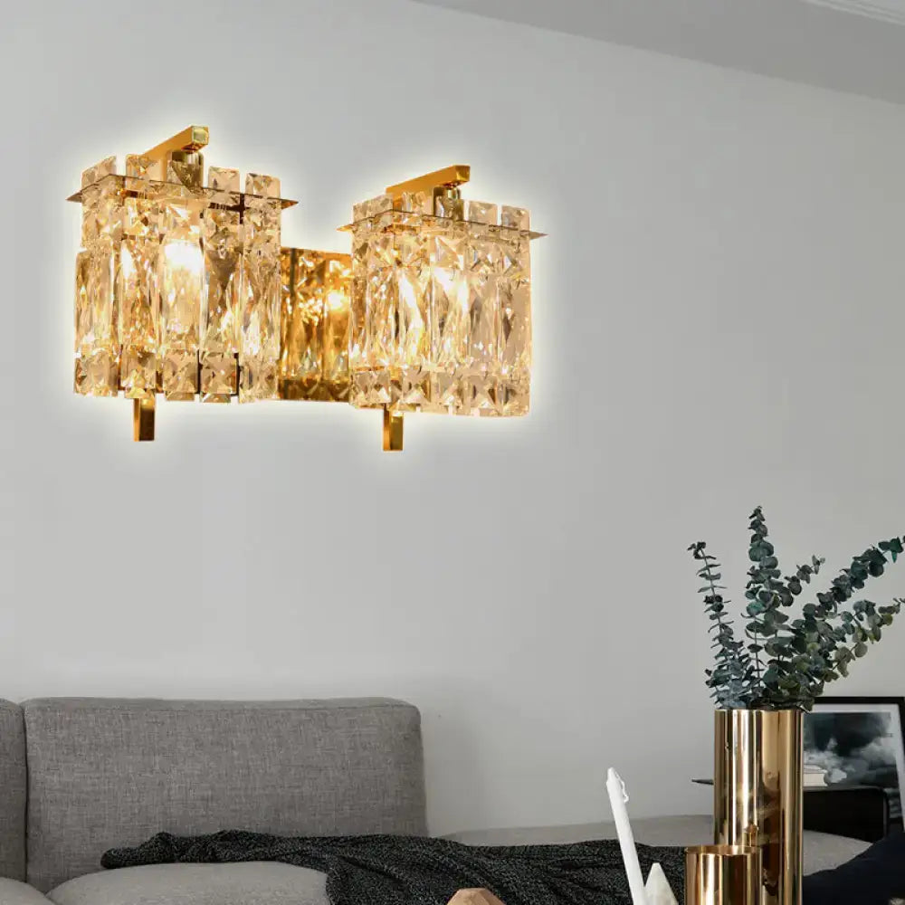 Modern gold wall light fixture with faceted crystal panels designed for e12 e14 bulb base in living room settings