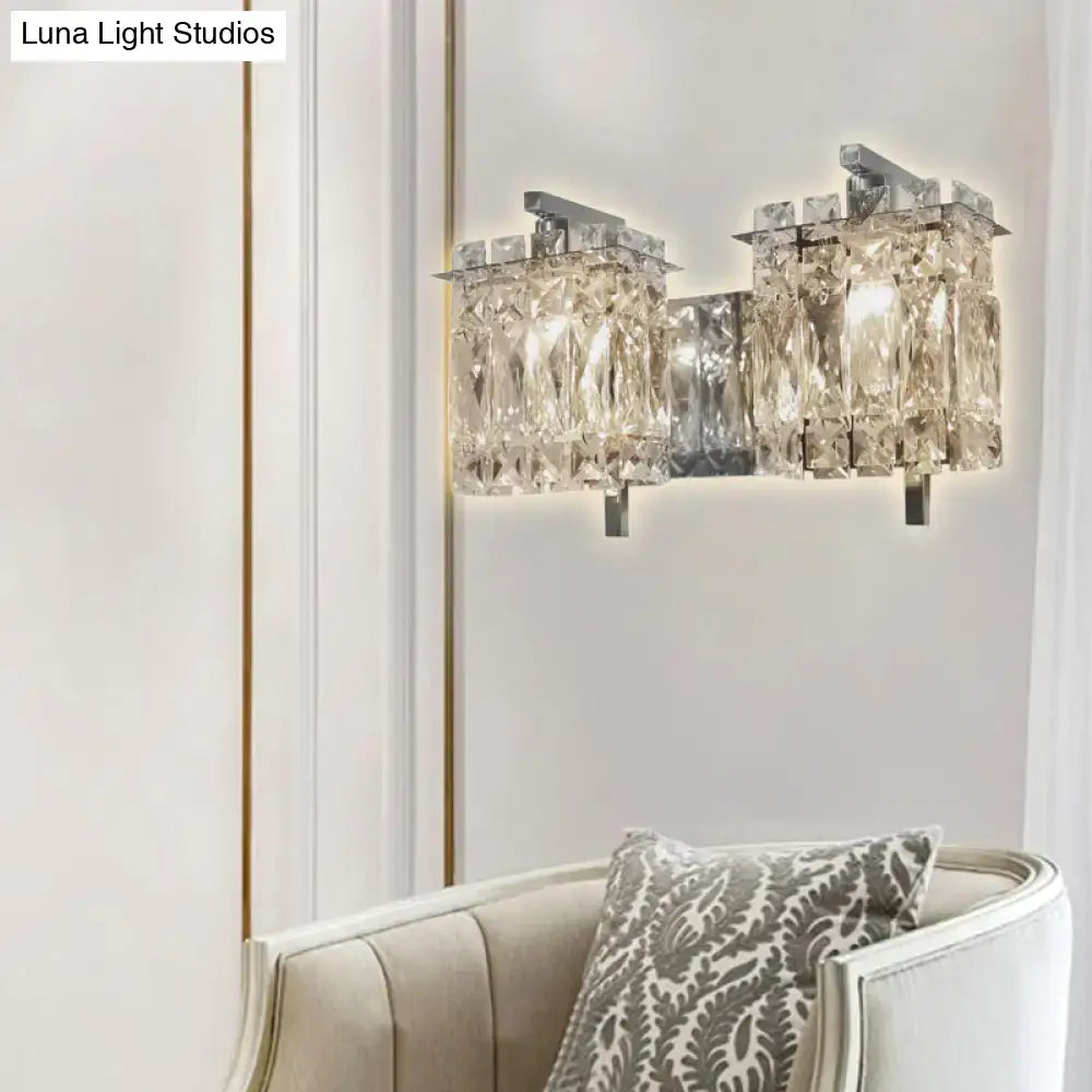 Crystal-encrusted wall light with a sleek chrome frame and faceted glass panels for living room fixture with e12 e14 bulb base
