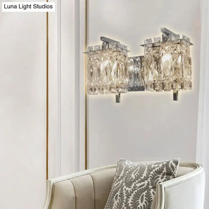 Crystal-encrusted wall light with a sleek chrome frame and faceted glass panels for living room fixture with e12 e14 bulb base