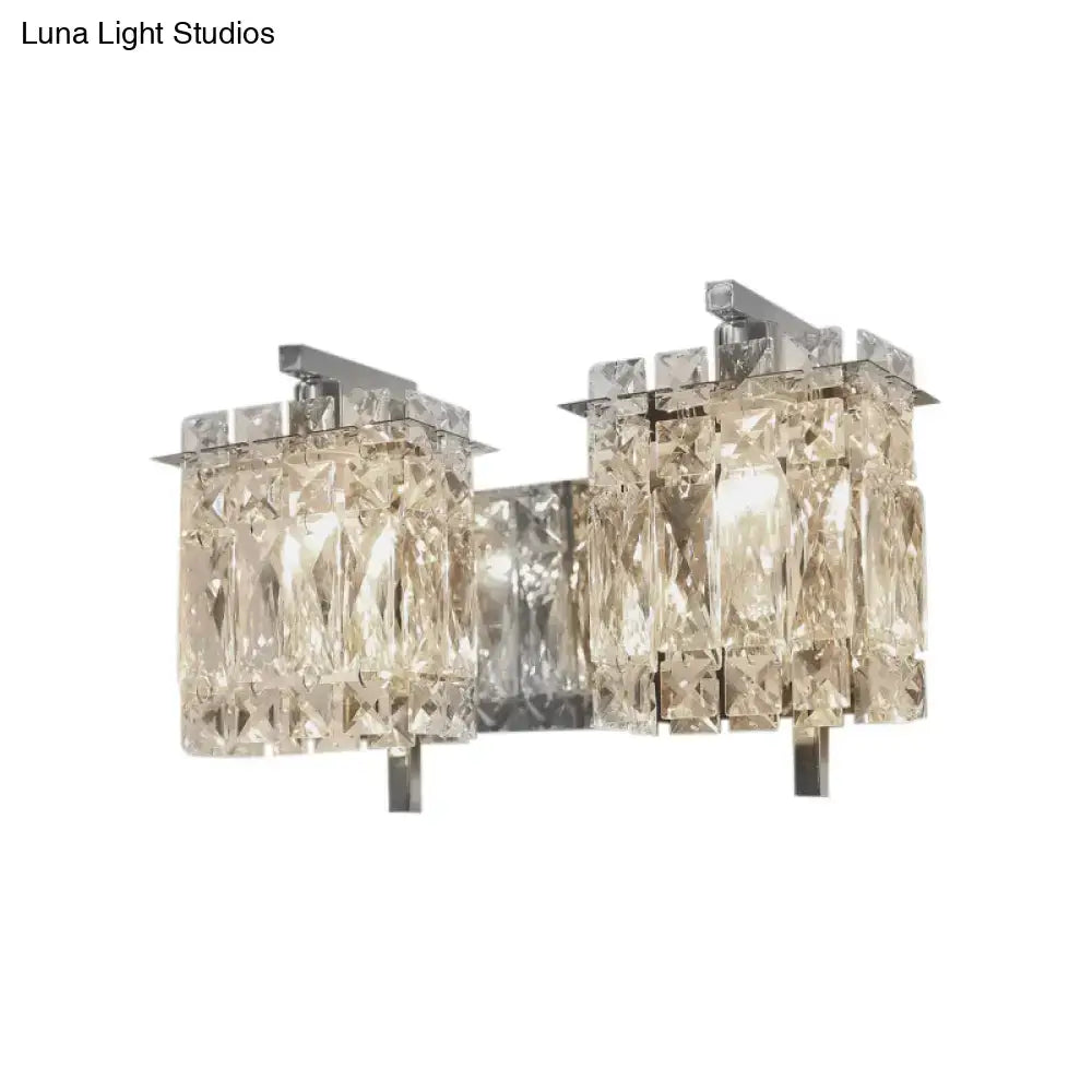 Modern gold and chrome wall light fixture with two rectangular crystal clusters and e12 e14 bulb base for living room