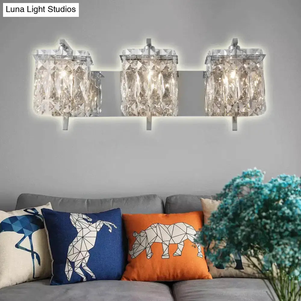 Modern gold and chrome three-piece crystal wall light fixture with faceted glass shades and e12 e14 bulb base
