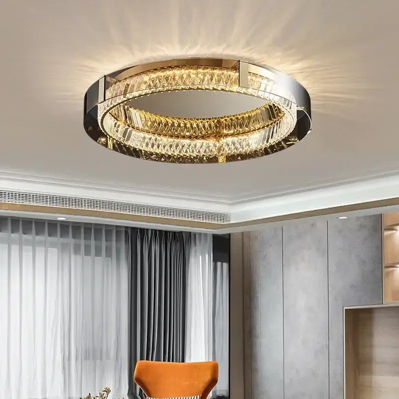 Modern gold and chrome decorbites elegant crystal led ceiling light with two faceted crystal rings for warm ambient decor