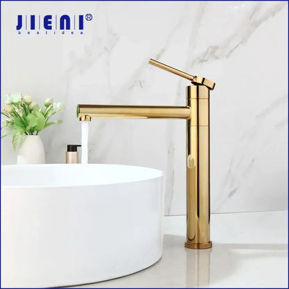 Modern gold plated basin faucet single handle with sleek cylindrical design for bathroom decorbites gold plated mixer