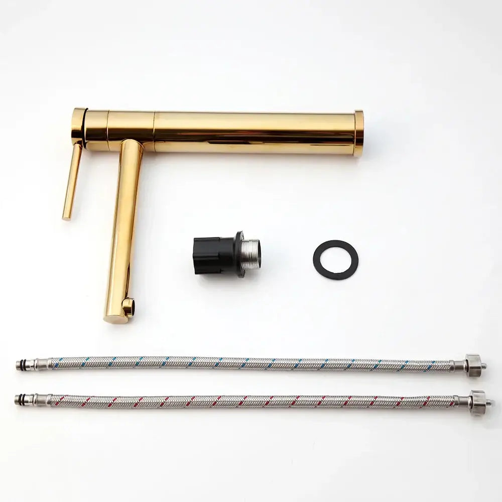 Modern gold and chrome basin faucet with single handle decorbites gold plated finish and matching braided supply hoses