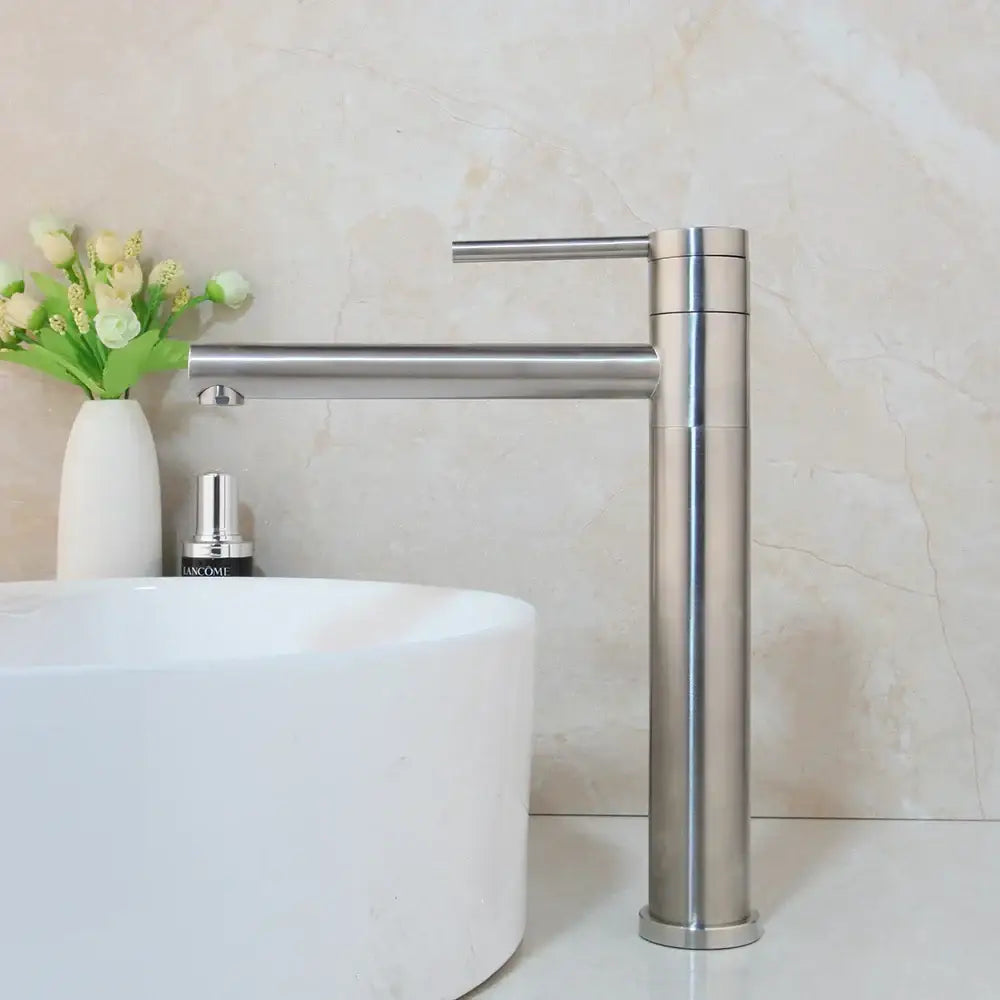 Modern brushed stainless steel basin faucet with single handle and sleek tall design decorbites gold plated bathroom mixer