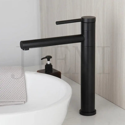 Black matte basin faucet with sleek cylindrical single handle design for modern bathrooms decorbites gold plated style