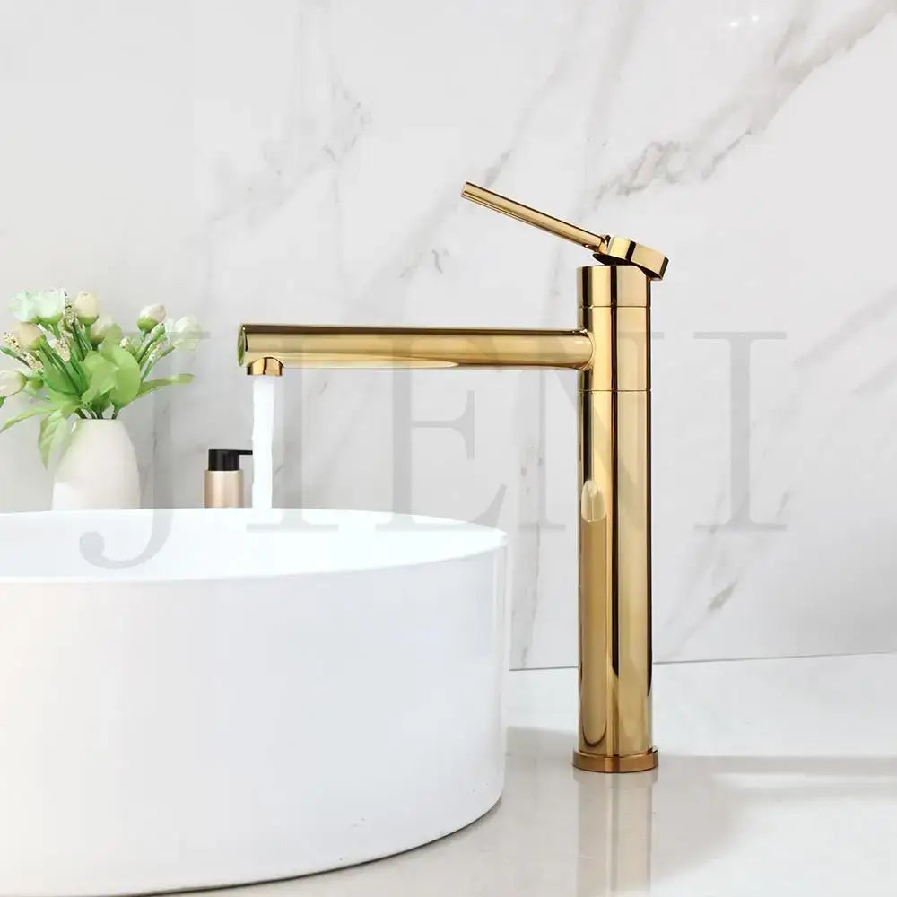 Modern gold and chrome single handle basin faucet with sleek minimalist design decorbites gold plated finish