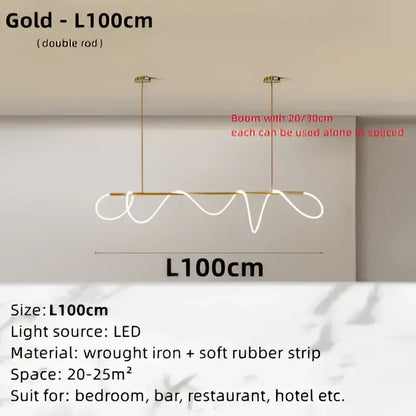 Modern gold circle note linear light bedroom pendant lamp with wavy double-rod decorbites circle note design in wrought iron and rubber strip