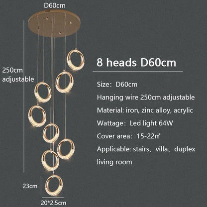 Modern gold circle ring led chandelier with eight illuminated rings suspended from round ceiling mount for living room decorbites circle ring