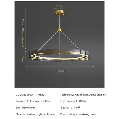 Modern gold circular ring led chandelier with clear glass rings and tri-color lighting for dining room decorbites circular ring